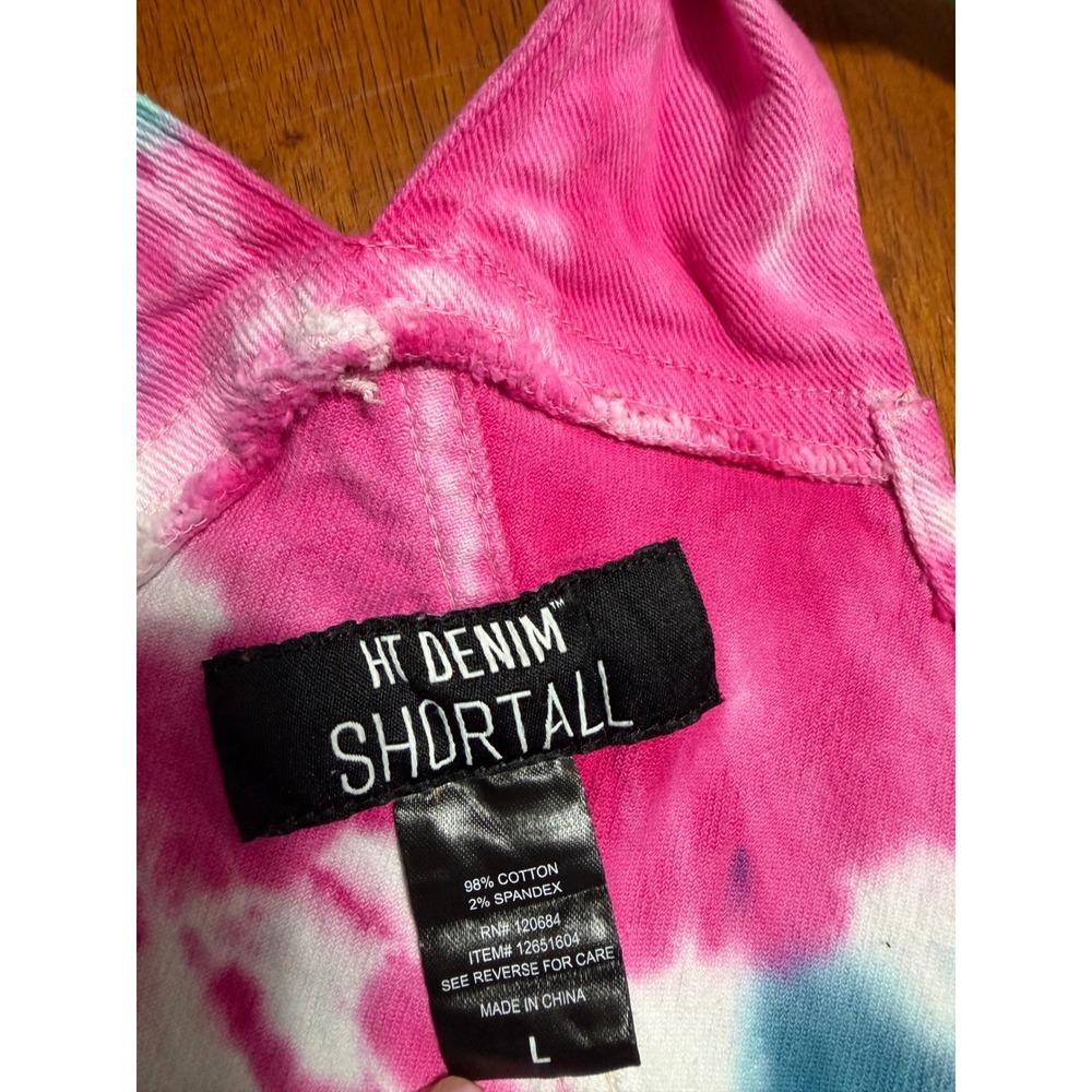 HT Denim Tie Dye Shortalls Pink Teal Blue Stretch Denim Overalls Womens Large - Picture 3 of 7
